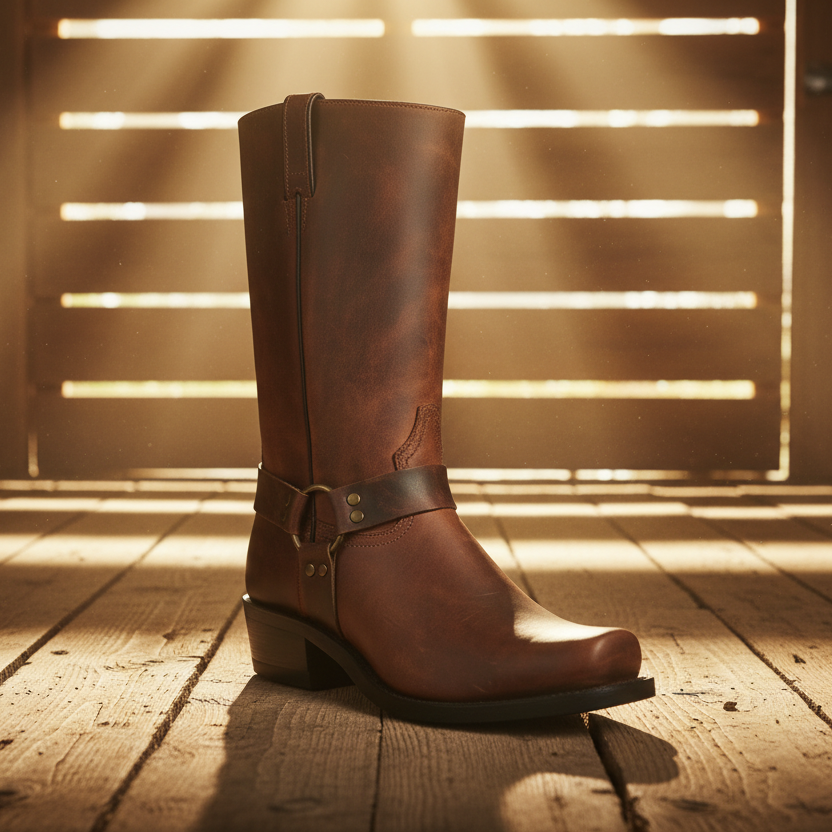 Image of Brown leather boot on a wooden floor with sunlight filtering through slats