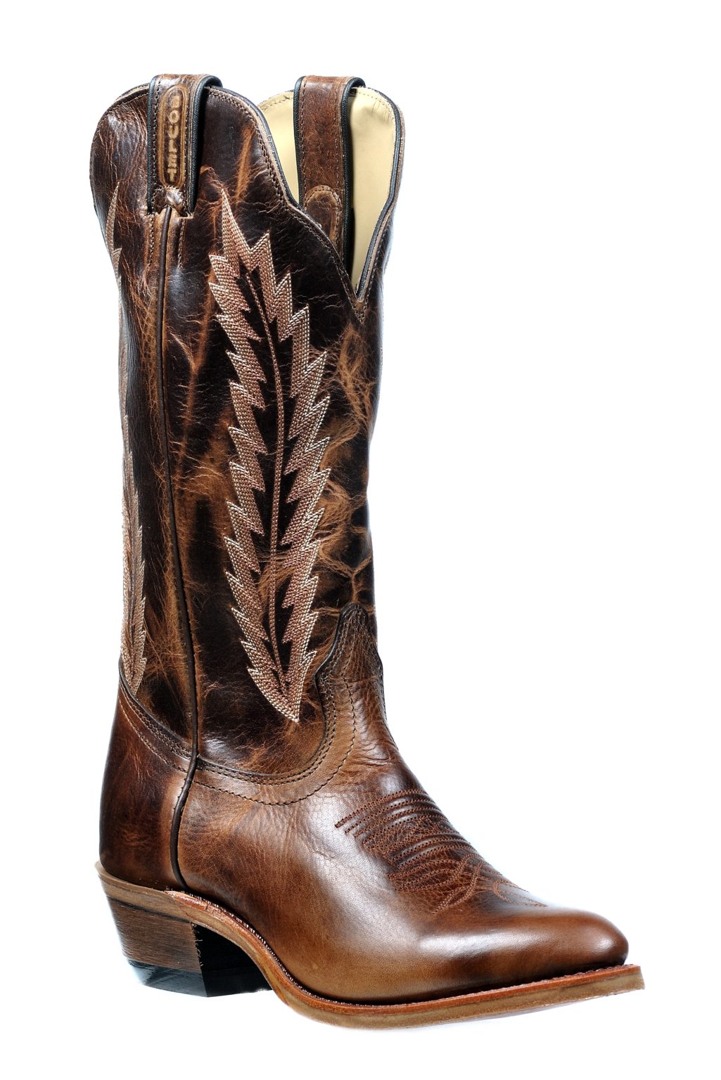 Image of Brown cowboy boot with intricate leatherwork on a white background