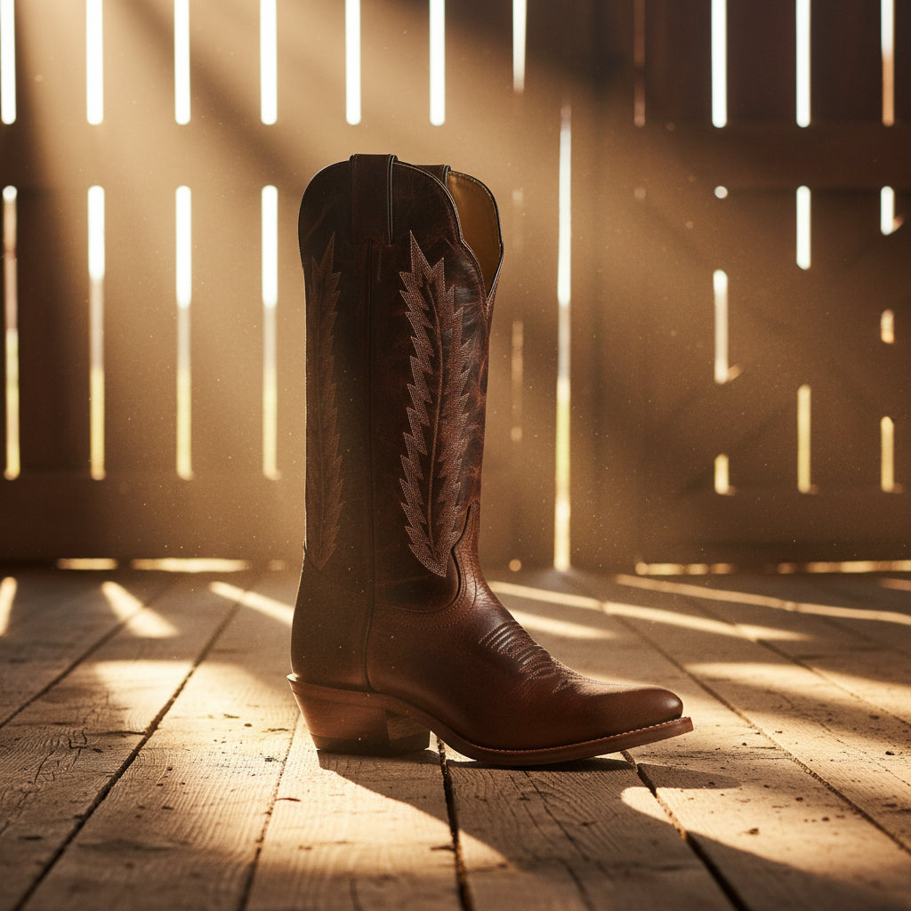 Image of Brown cowboy boot with intricate leatherwork on a white background