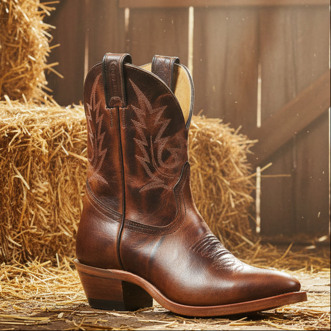 Image of Brown cowboy boot with intricate leatherwork on a white background