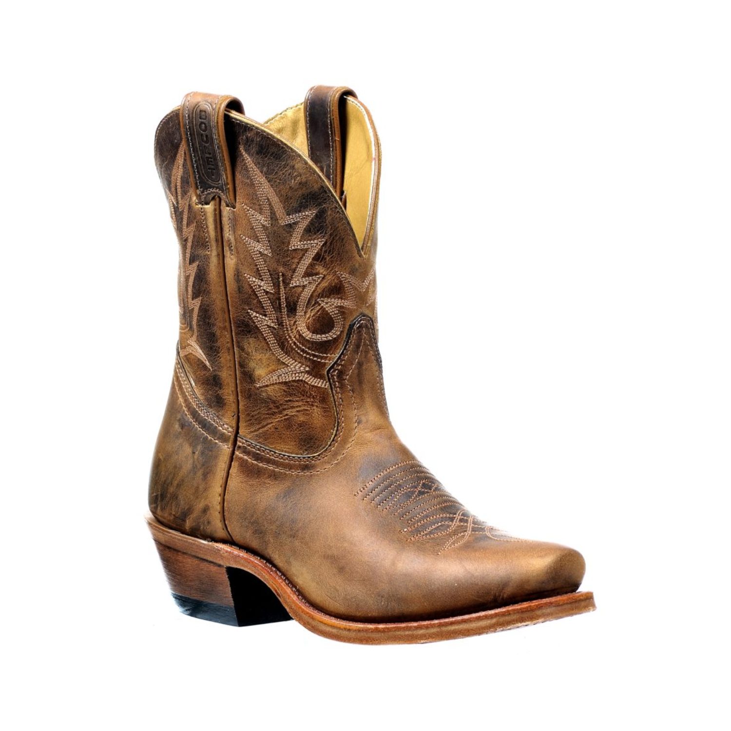 Image of Brown cowboy boot with intricate stitching on a white background