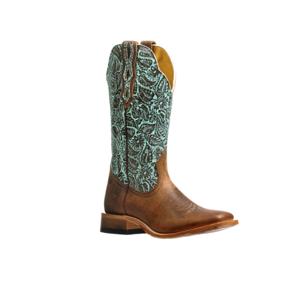 Image of A single brown leather cowboy boot with a turquoise and brown paisley patterned shaft, shown from a side profile on a white background.