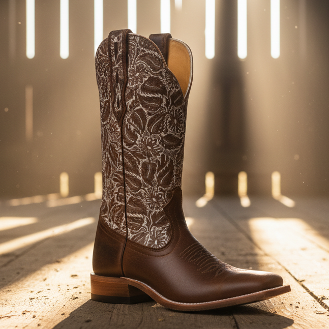Image of Brown cowboy boot with intricate pattern on a wooden surface with sunlight filtering through slats.