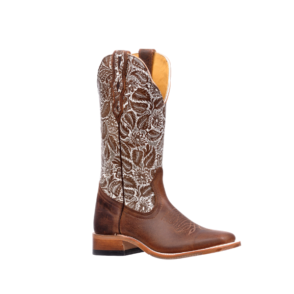 Image of Brown cowboy boot with decorative pattern on a white background
