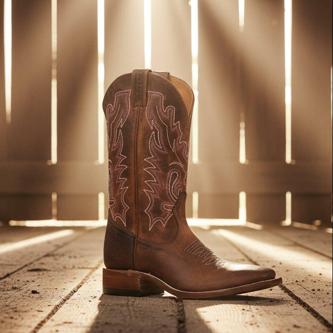 Image of Brown cowboy boot with intricate white stitching on a white background