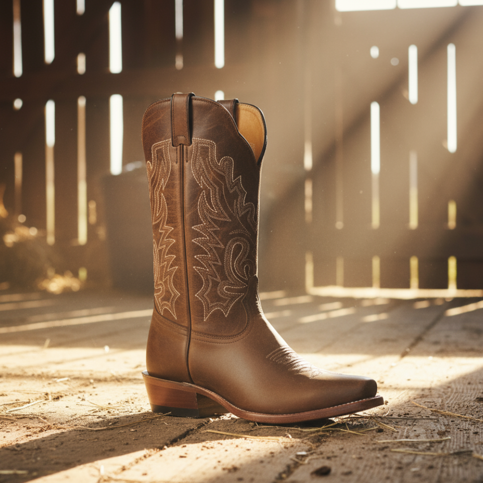 Image of Brown cowboy boot with intricate white stitching on a wooden floor with sunlight filtering through.
