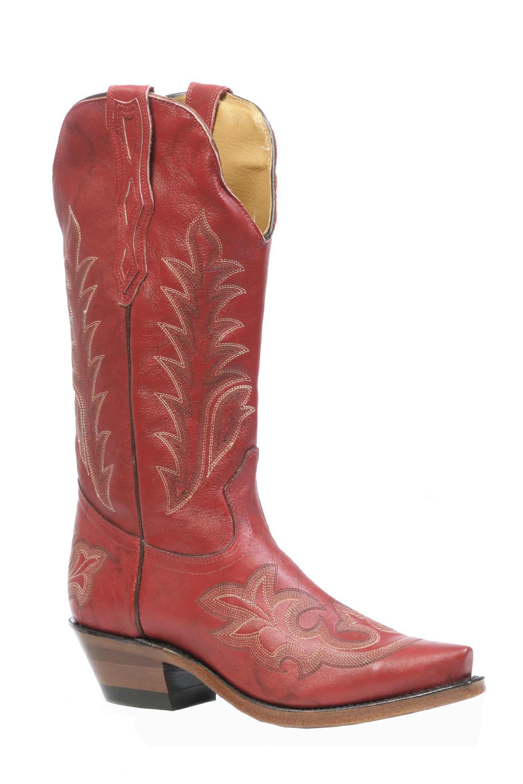Image of Red cowboy boot with intricate stitching on a white background