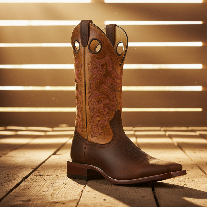 Image of Brown cowboy boot on a wooden floor with sunlight filtering through slats