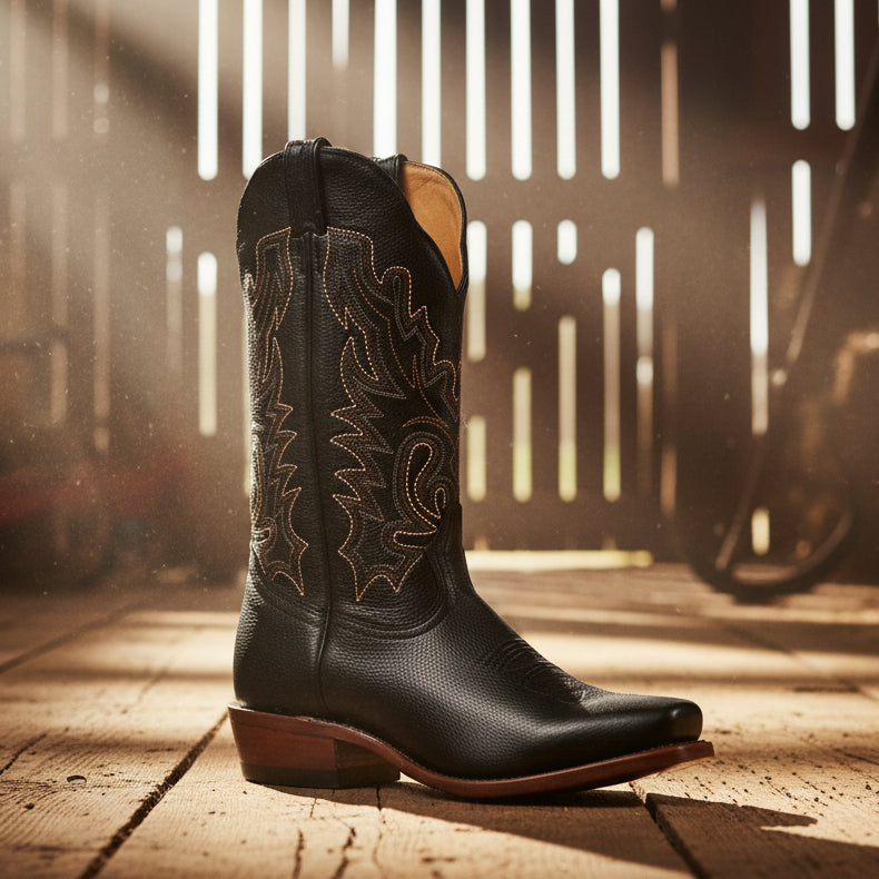 Image of Black cowboy boot with intricate brown stitching in a barn