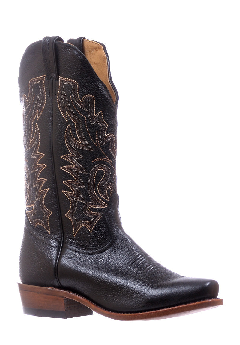 Image of Black cowboy boot with intricate brown stitching on a white background