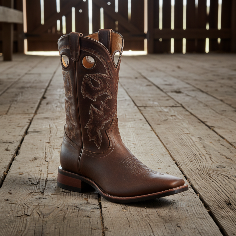 Image of Brown cowboy boot with intricate designs on a white background