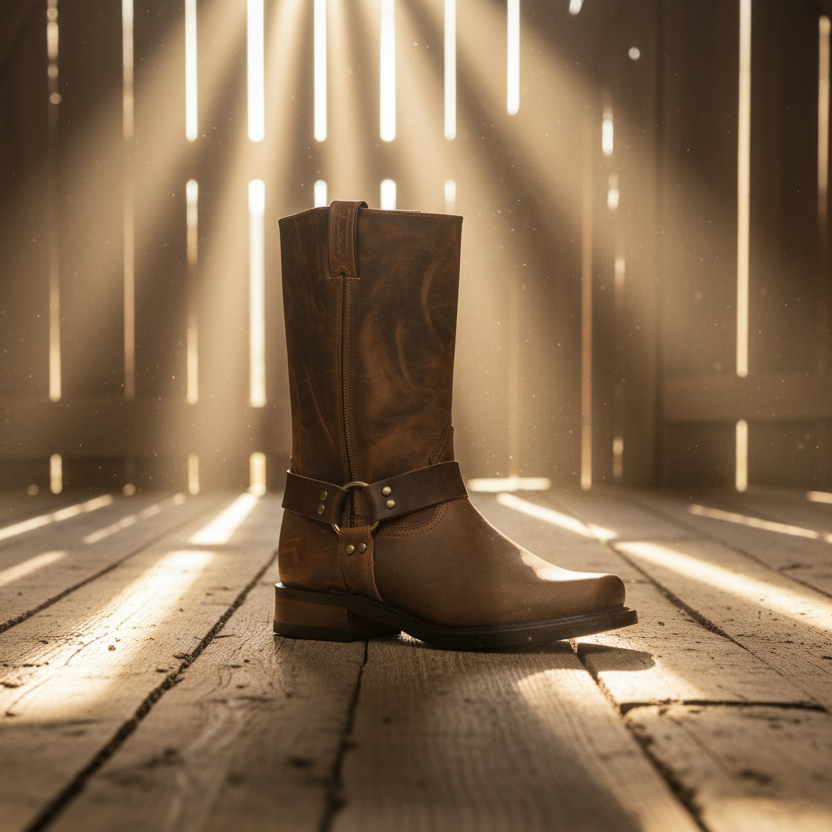 Image of Brown leather boot with a strap on a white background