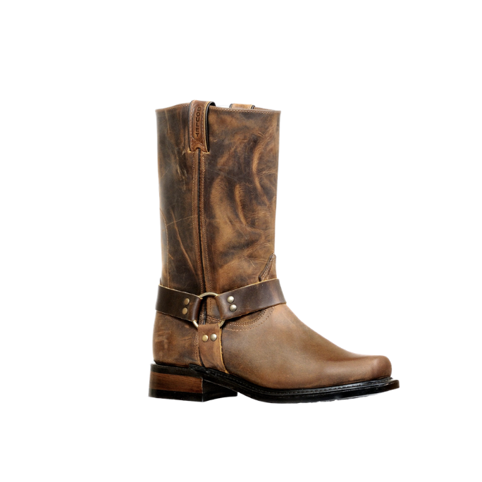 Image of Brown leather boot with a strap on a white background