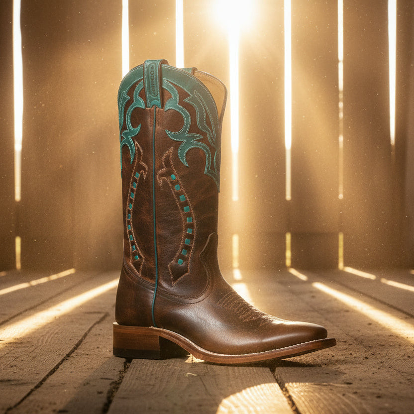 Image of Brown cowboy boot with turquoise stitching on a wooden floor with sunlight streaming through slats.