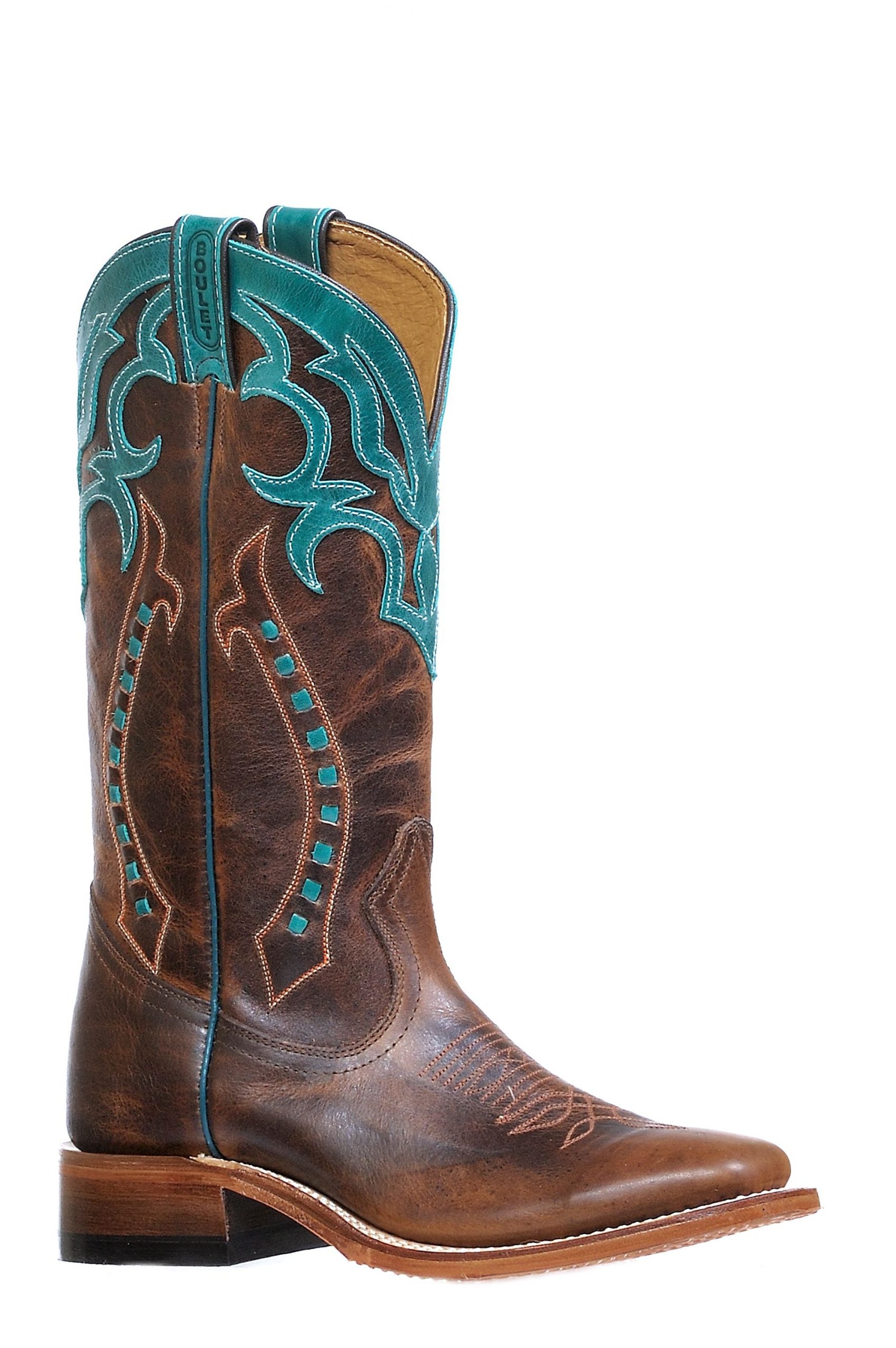 Image of Brown cowboy boot with turquoise stitching on a white background