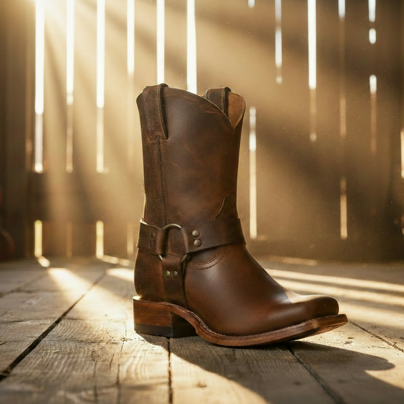 Image of Brown leather boot on a white background