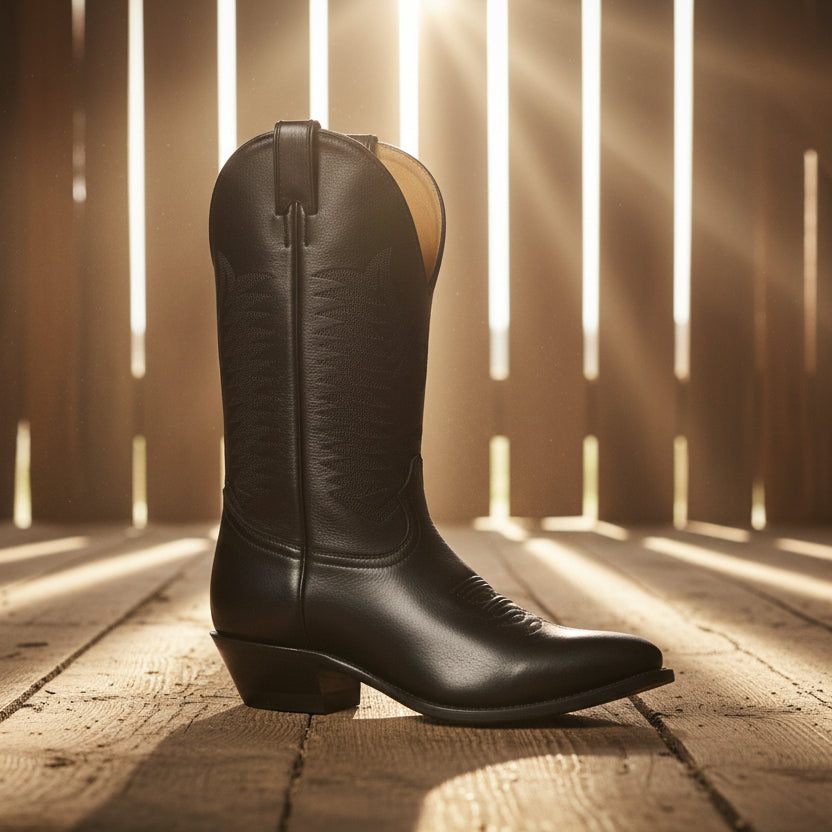 Image of Black leather cowboy boot in a barn