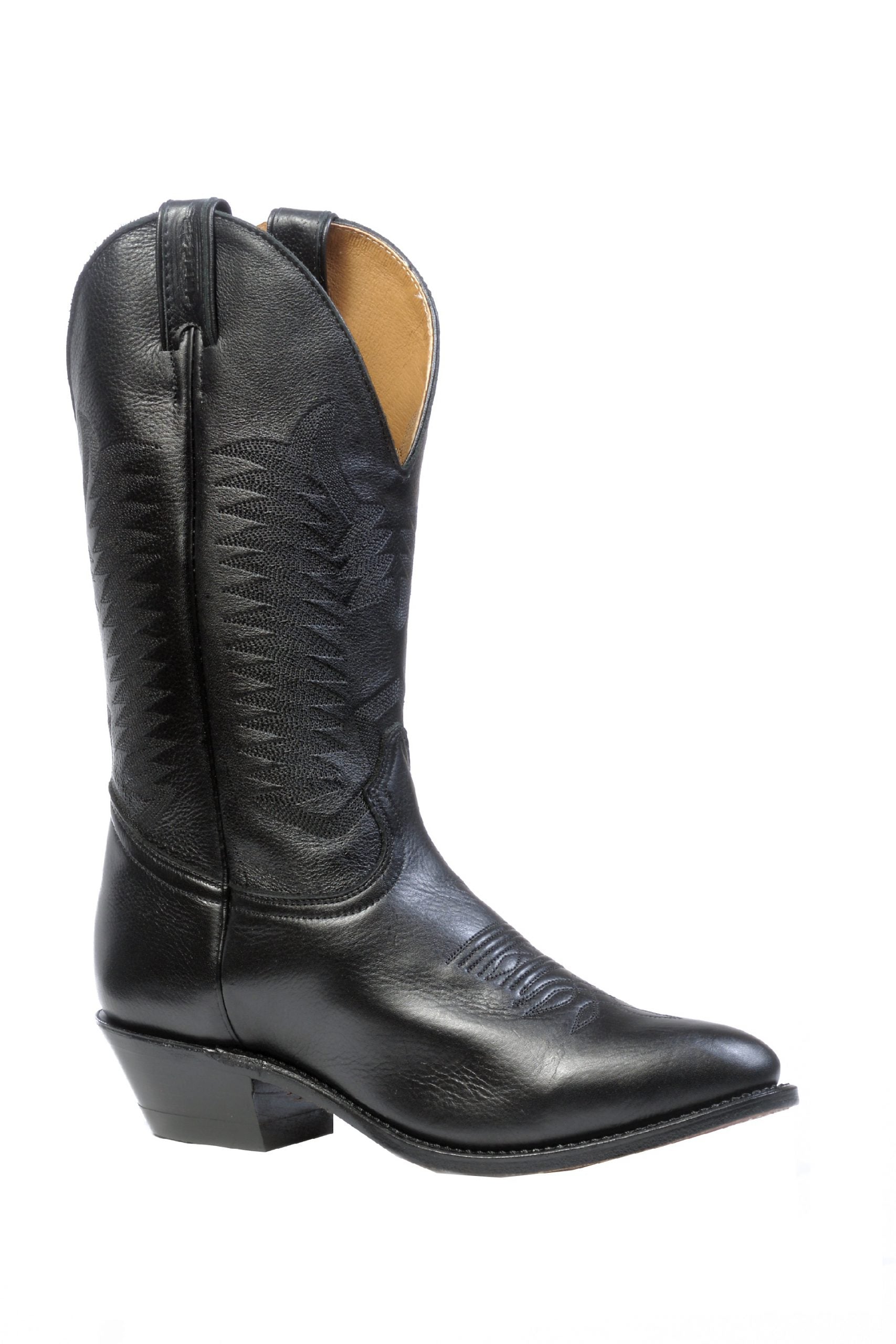Image of Black leather cowboy boot on a white background