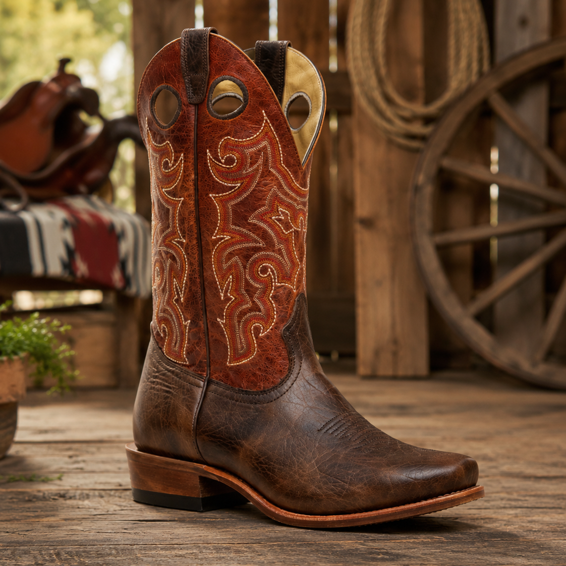 Image of Brown cowboy boot with intricate design on a wooden floor, surrounded by rustic elements.