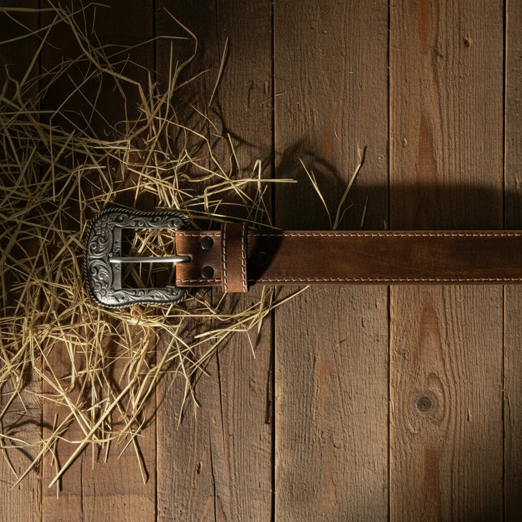 Image of A brown leather belt with a silver-toned engraved buckle, shown vertically against a plain off-white background.