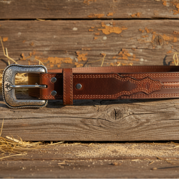 Image of A brown leather belt with a silver engraved buckle, laid horizontally on a rustic wooden plank with scattered straw.