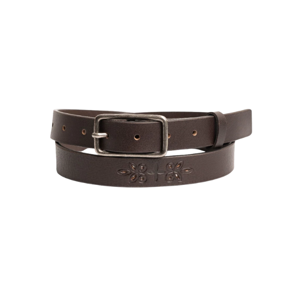 Image of Brown leather belt with a silver buckle on a white background