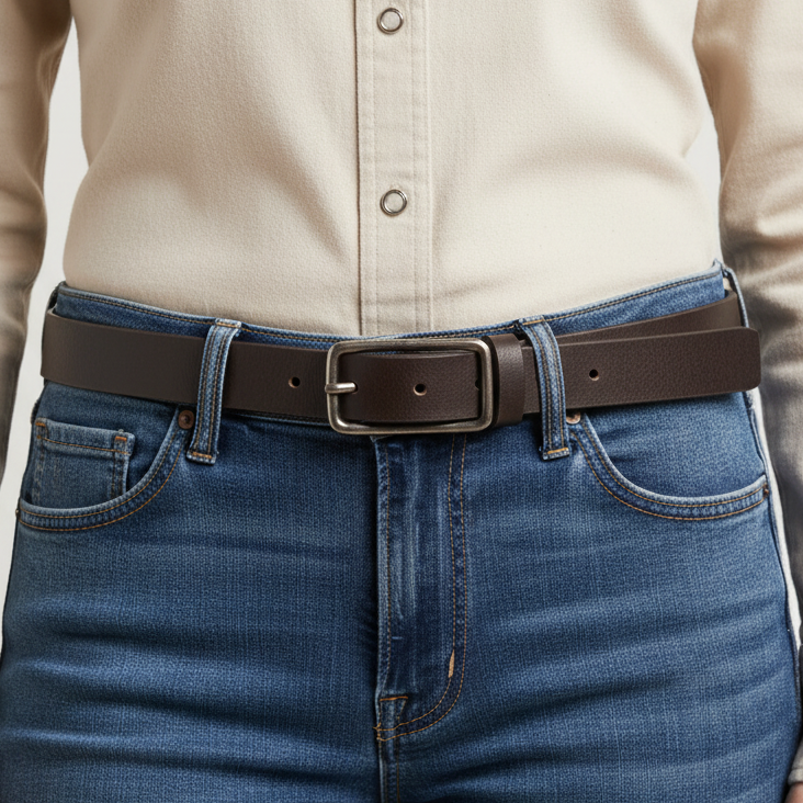 Image of Person wearing blue jeans and a beige shirt with a brown belt.