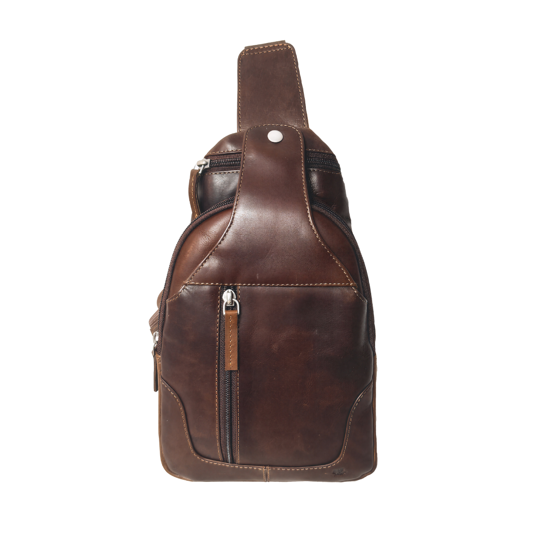 Image of Brown leather sling bag on a white background