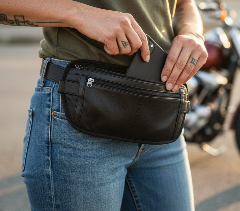 Image of Black leather waist bag with multiple zippers on a white background