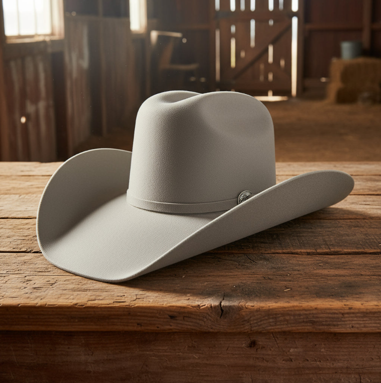 Image of Light gray cowboy hat on a wooden surface with a barn interior in the background