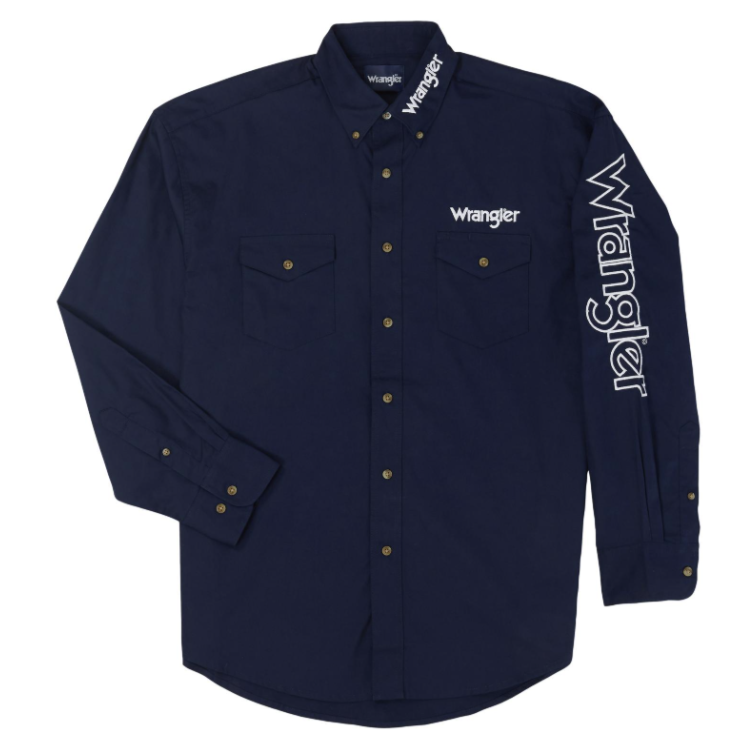 Image of Navy blue Wrangler shirt with branding on a white background