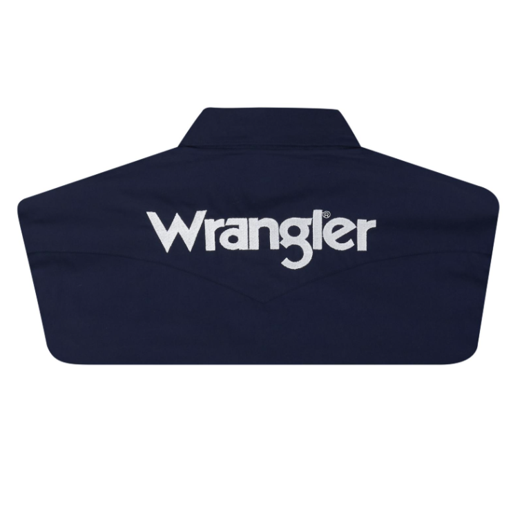 Image of Navy blue jacket with 'Wrangler' logo on a white background