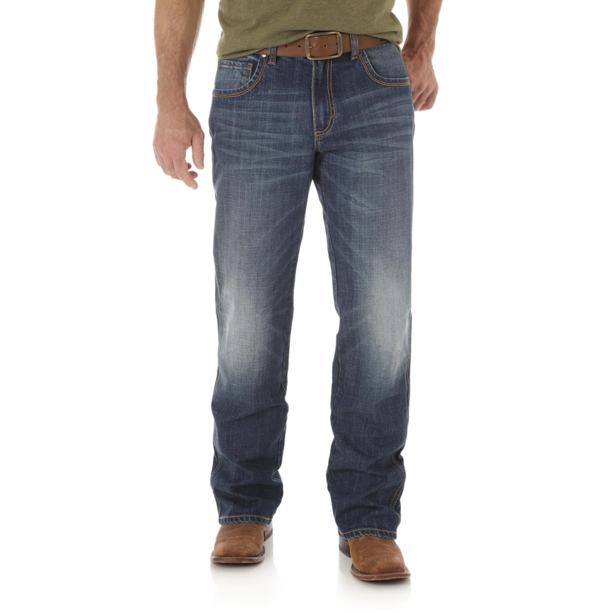 Image of Person wearing blue jeans and brown boots on a white background