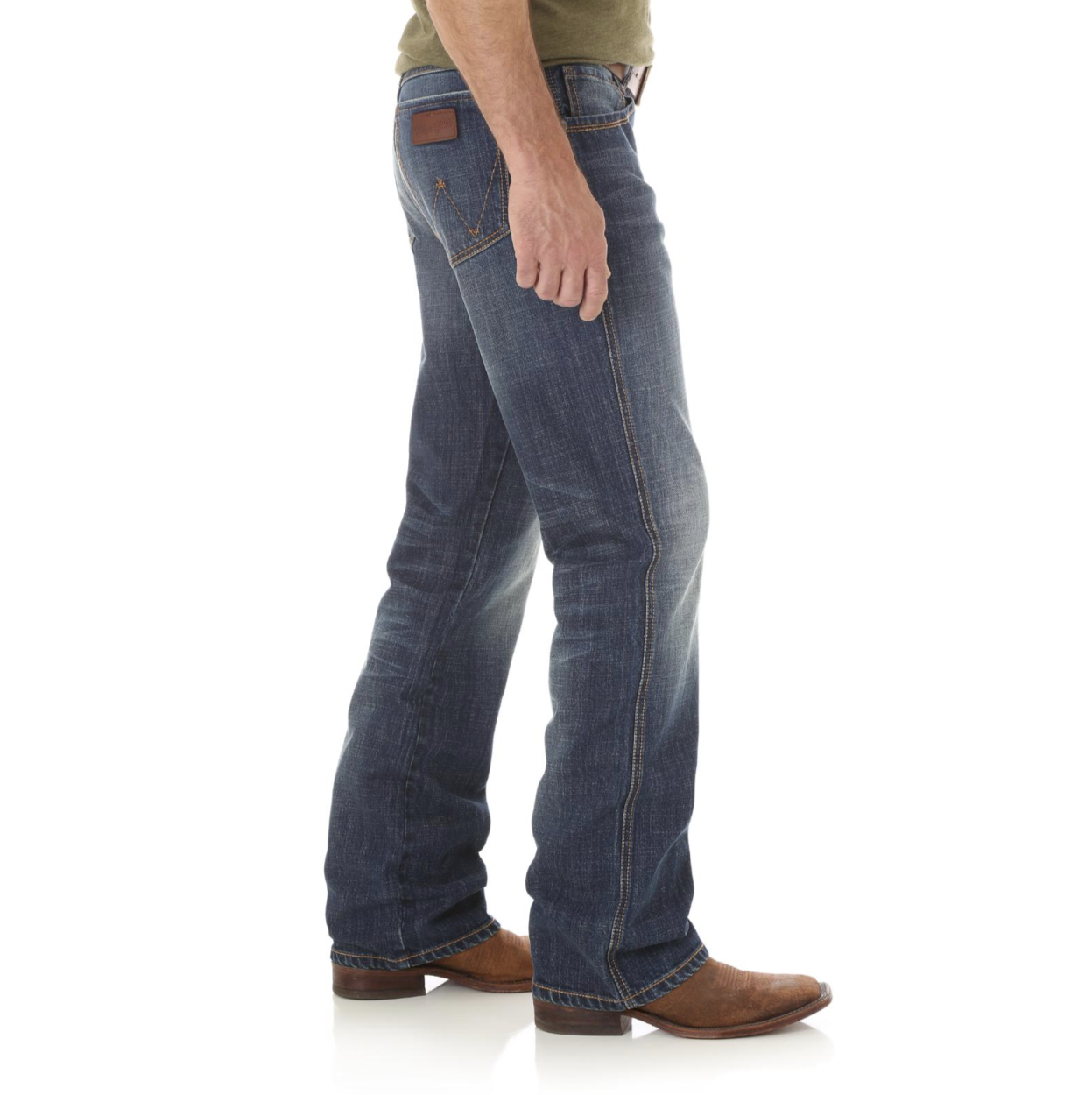 Image of Person wearing blue jeans and brown boots on a white background