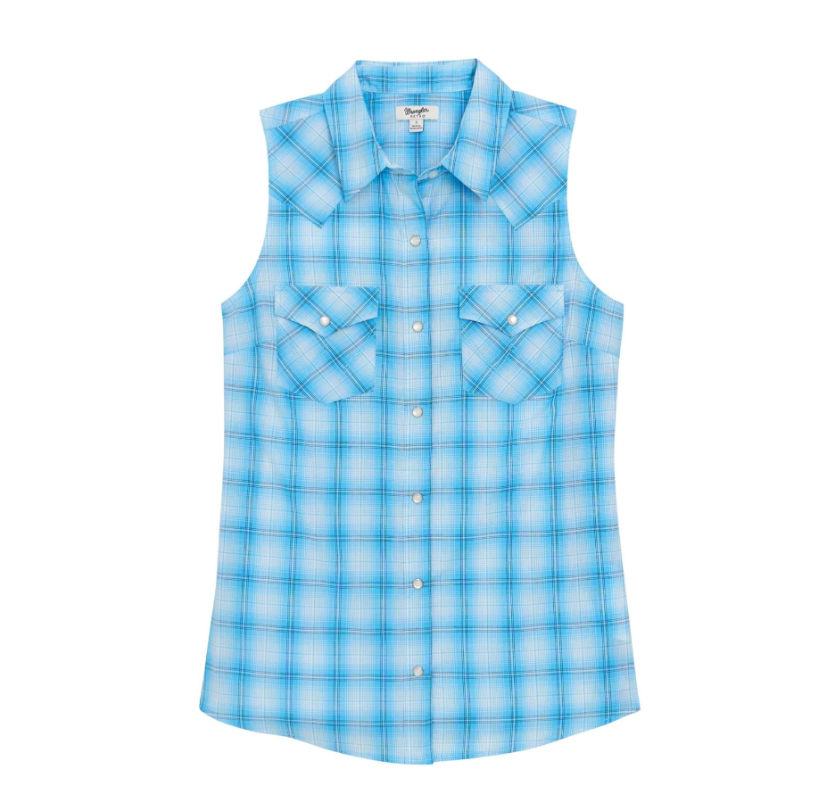 Image of Blue plaid sleeveless shirt on a white background