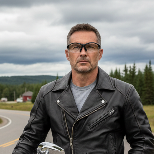 Image of Man in a leather jacket standing next to a motorcycle on a road with trees in the background