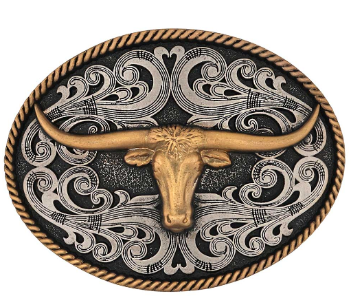 Image of Belt buckle with longhorn bull design on a black background
