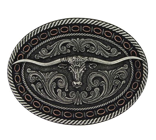Image of Two Tone Antiqued Round Barbed Longhorn Attitude Buckle