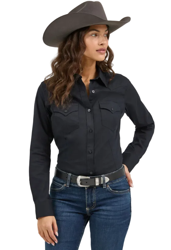 Image of Woman wearing a black long-sleeve shirt, blue jeans, and a gray cowboy hat on a white background