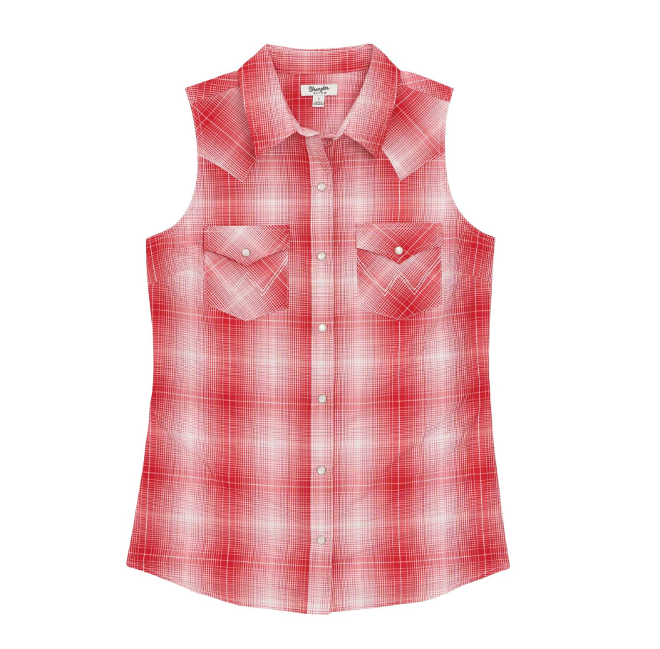 Image of Red and white plaid sleeveless shirt on a white background