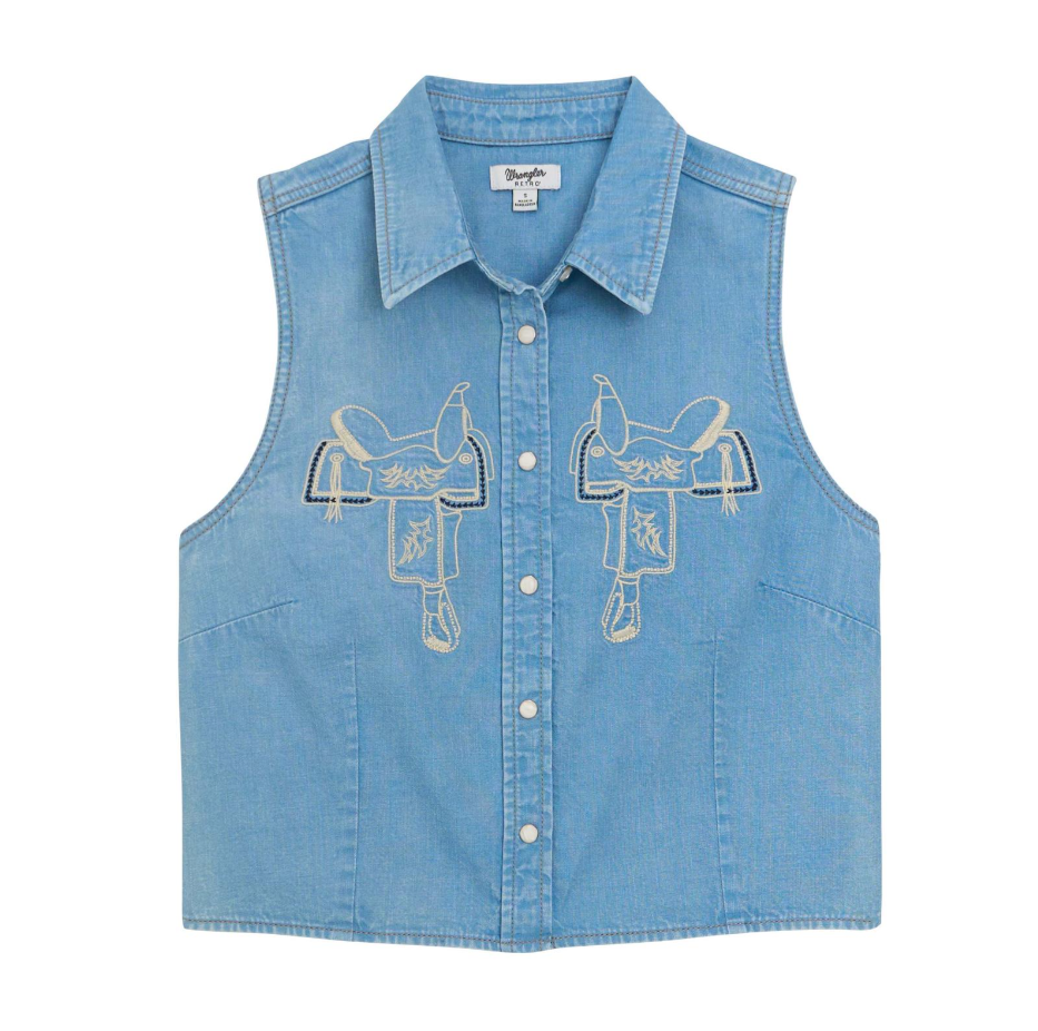 Image of Blue denim vest with embroidered designs on a white background