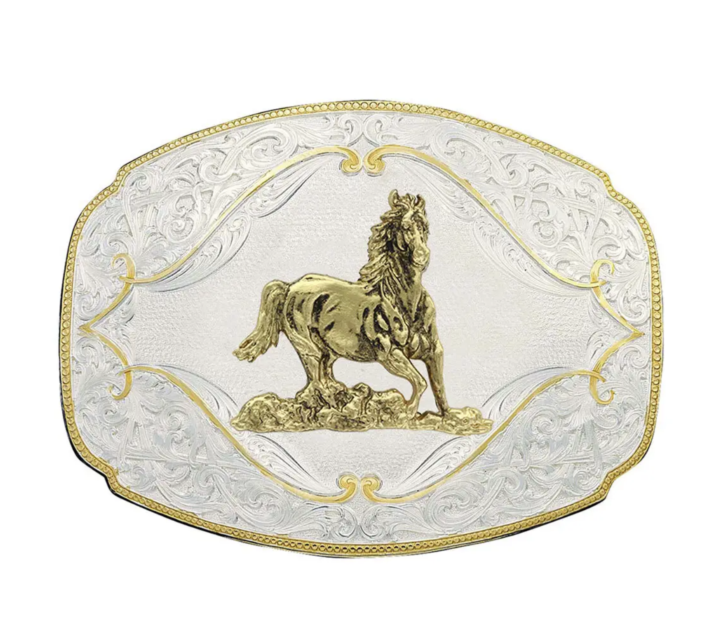 Image of Gold Flourish Western Belt Buckle with Galloping Horse
