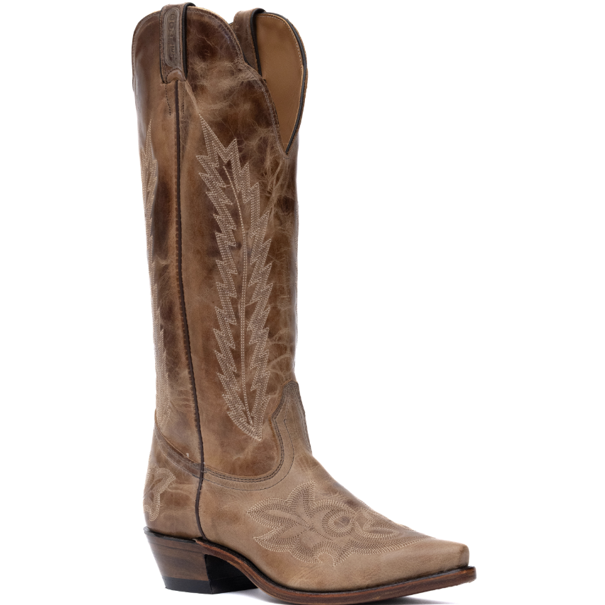 Image of Brown cowboy boot with intricate white embroidery on a white background