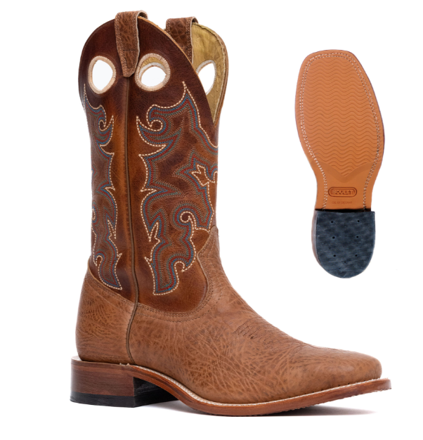 Image of Brown cowboy boot with intricate stitching on a white background