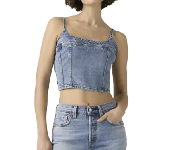 Image of Person wearing a denim crop top and high-waisted jeans on a plain background