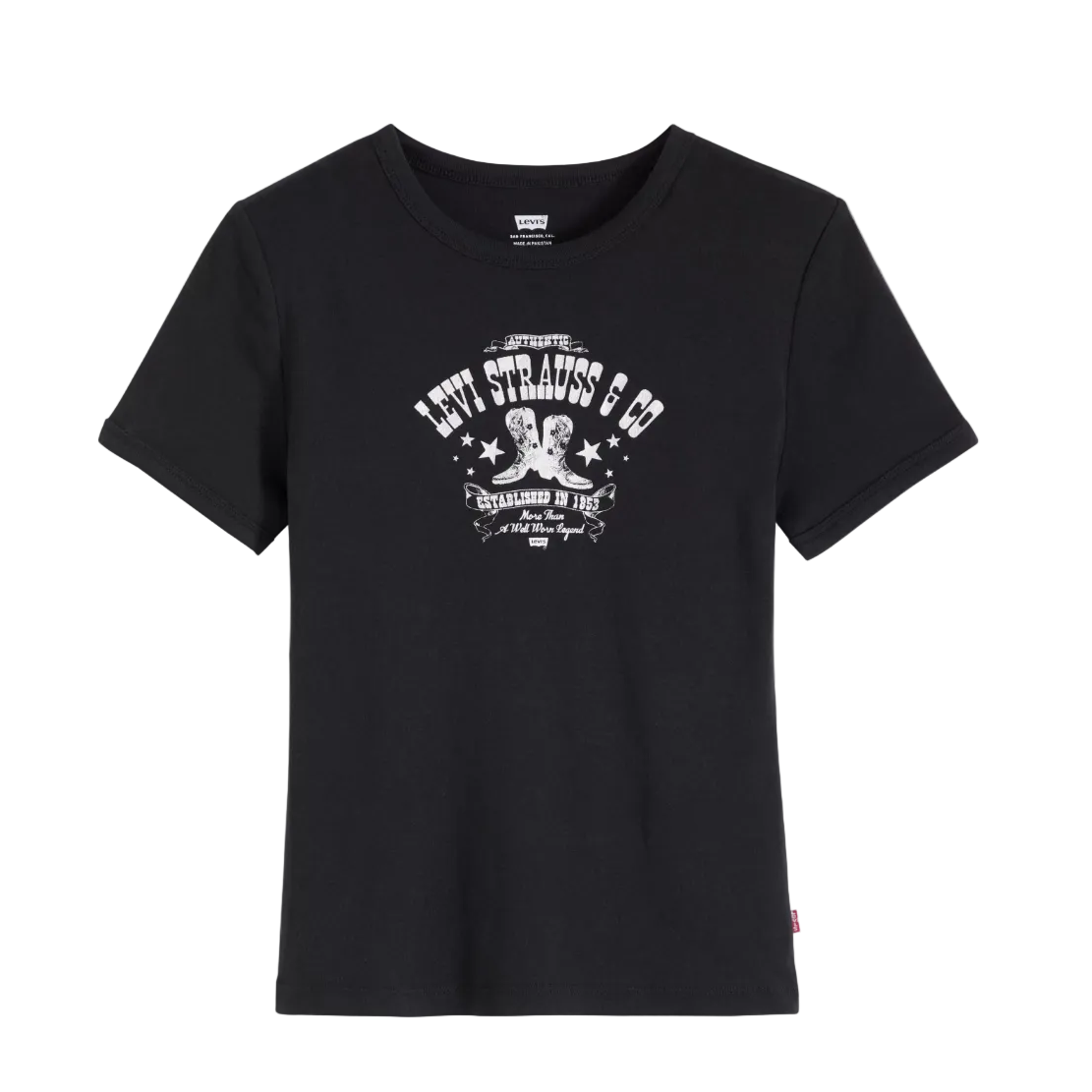 Image of Black t-shirt with Levi Strauss & Co logo and branding on a white background