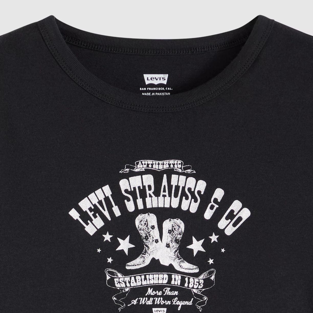 Image of Black t-shirt with Levi Strauss & Co logo and text on a gray background