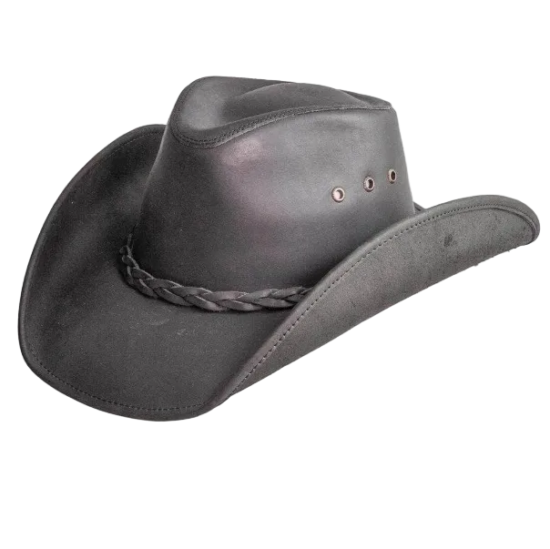 Image of Black leather cowboy hat with braided band on a white background