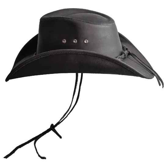 Image of Black leather hat with chin strap on a white background