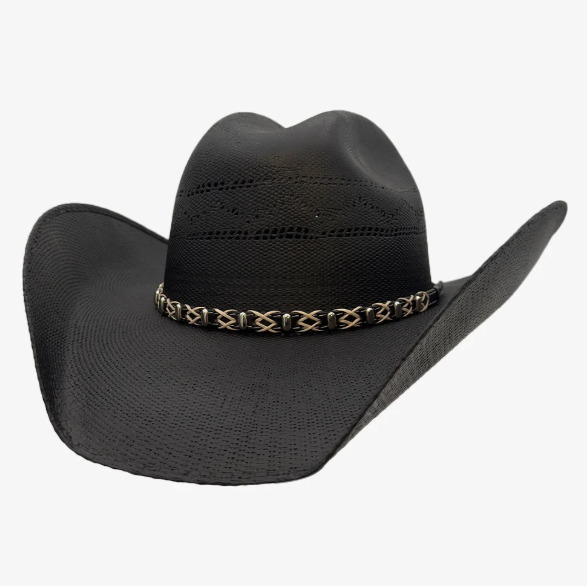 Image of Black cowboy hat with a braided band on a white background